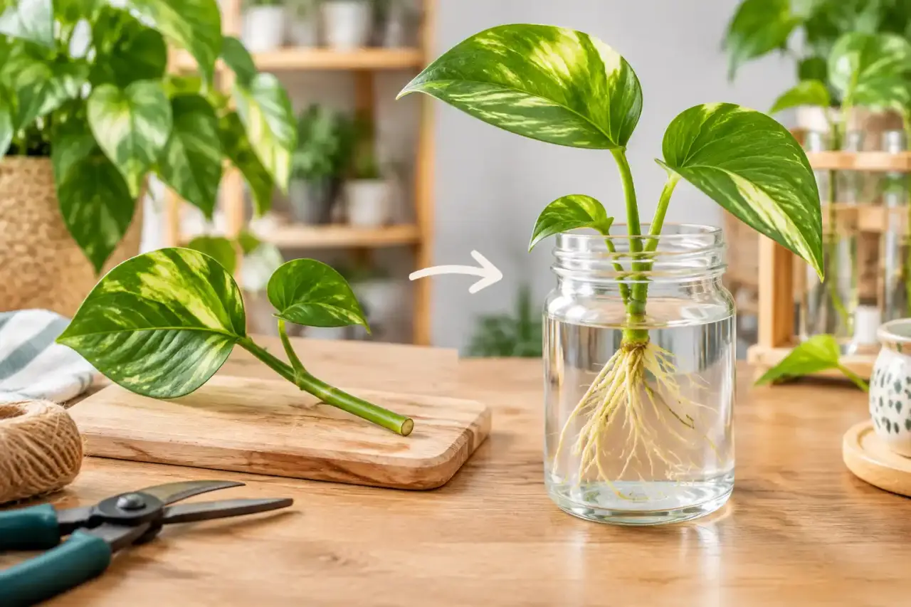 Bouture de pothos dans un verre, avec de jeunes racines blanches