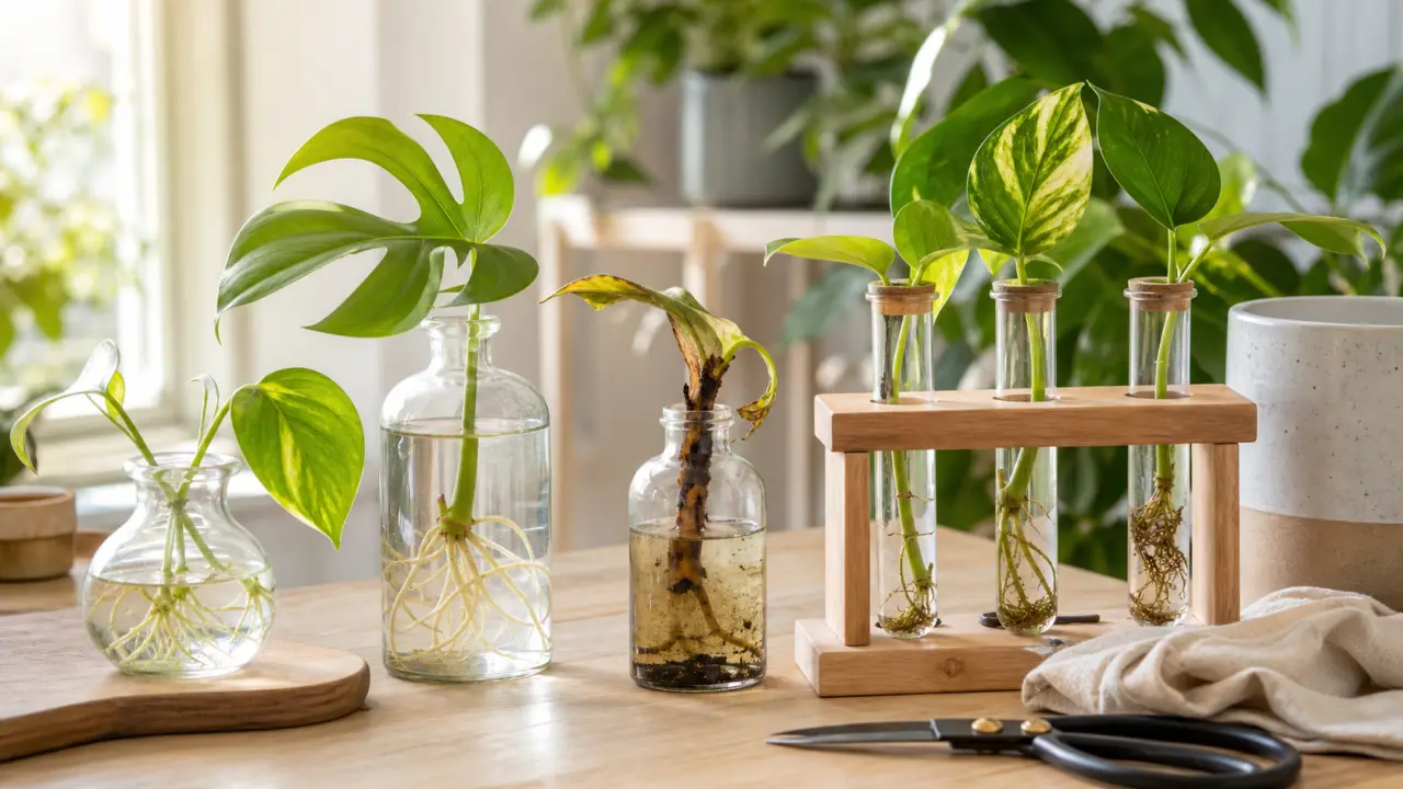 Station de bouturage en bois avec tubes en verre et jeunes racines en eau