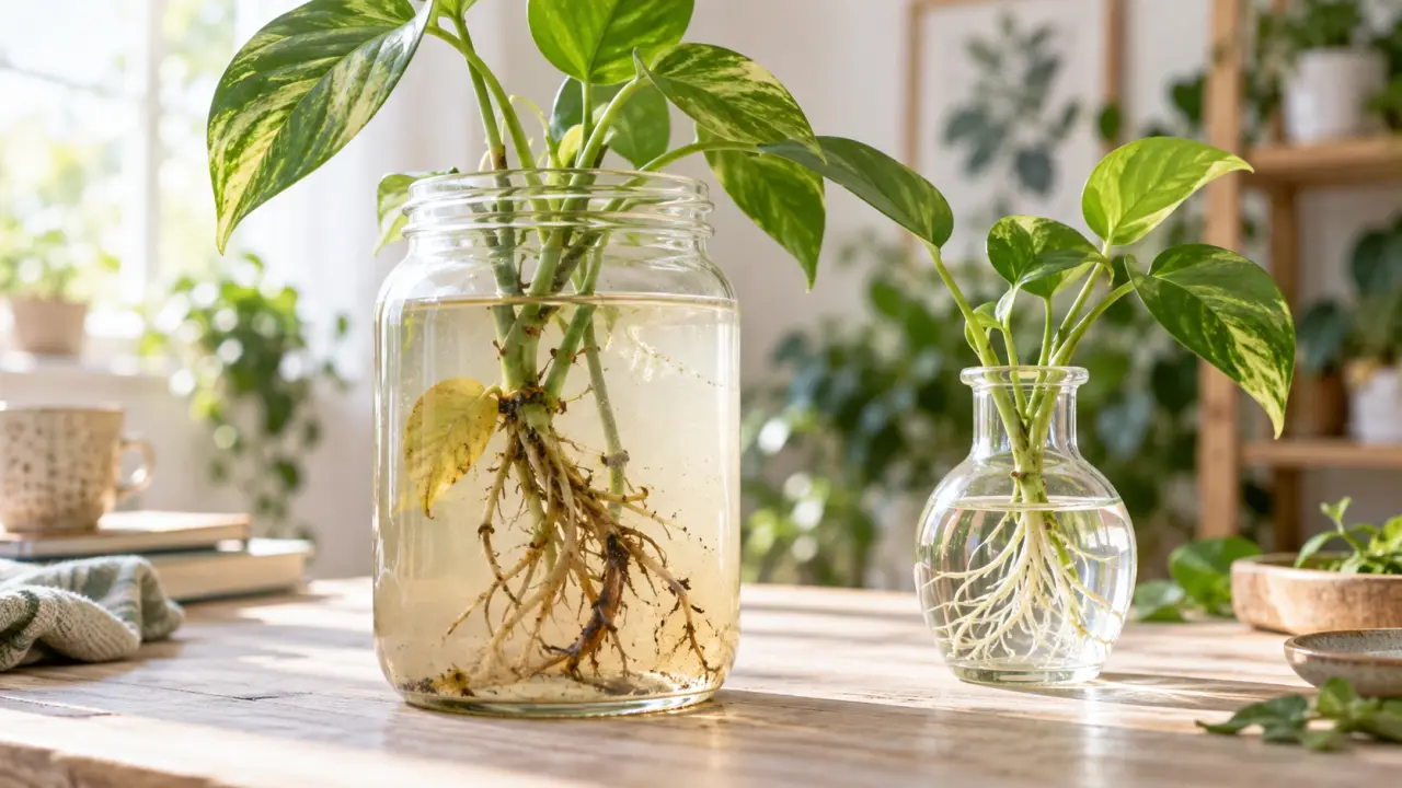 Boutures de plantes d'intérieur dans des fioles en verre, avec de jeunes racines visibles