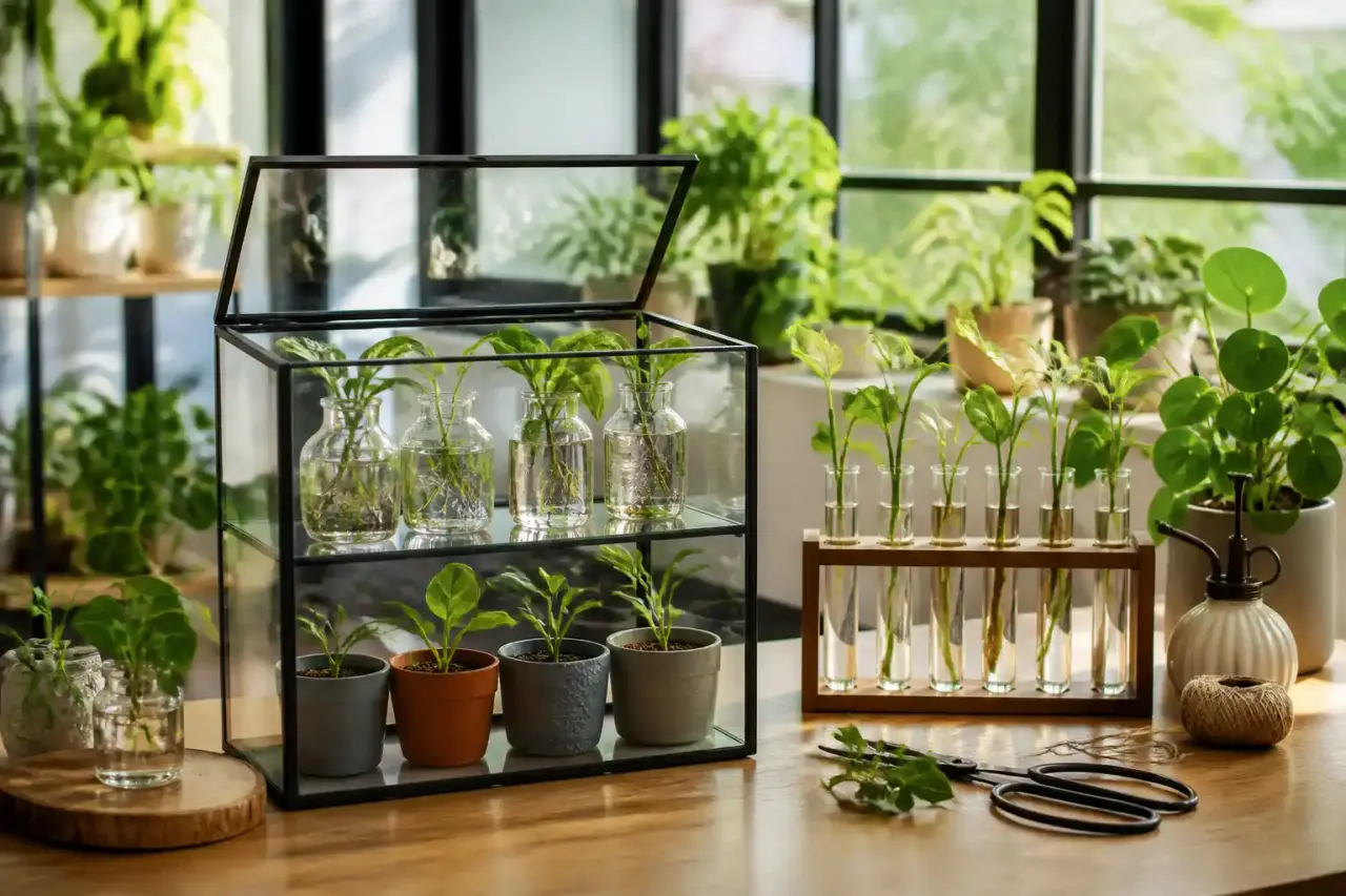 Boutures de plantes dans des tubes en verre installées dans un jardin d'hiver lumineux